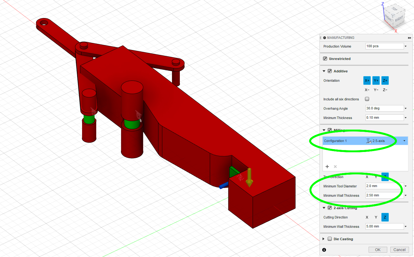 Specifying tool diameter and wall thickness in Fusion 360 generative design. 