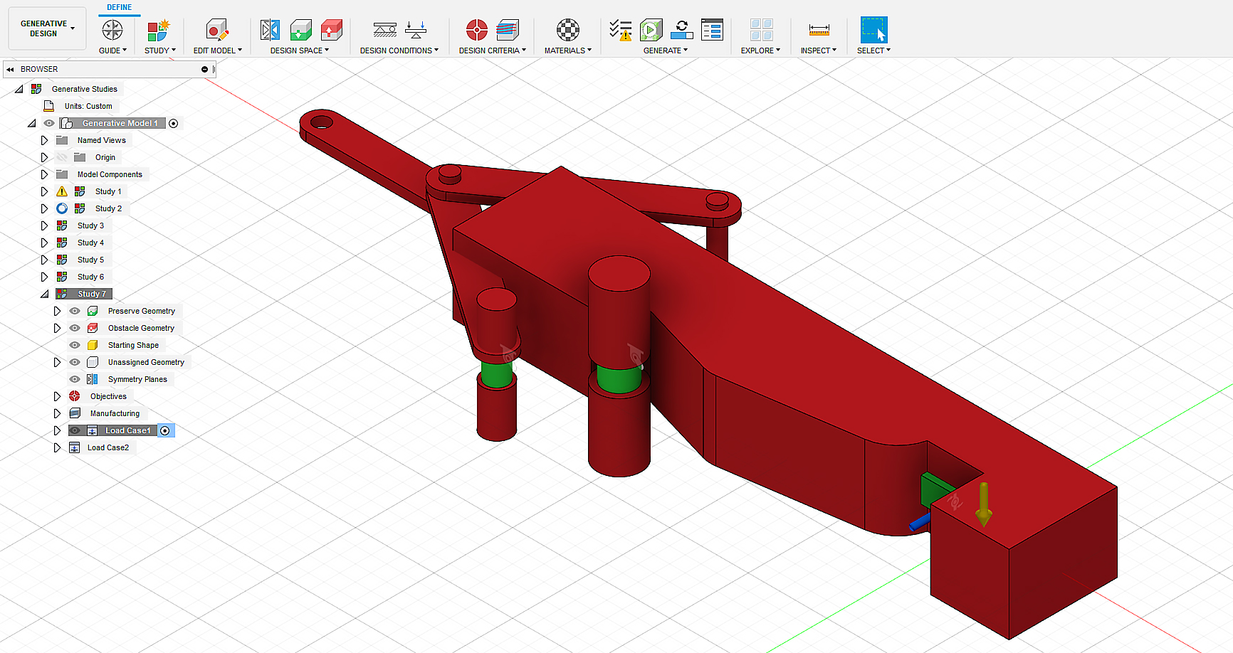 Gripper arm set-up in Fusion 360 generative design.