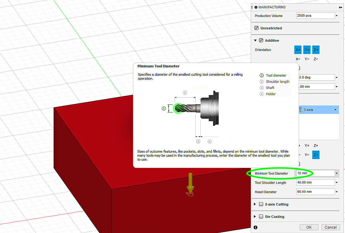 Specifying minimum machine tool diameter in Fusion 360 generative design. 