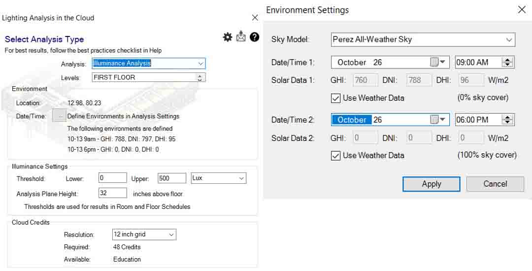 Inputs for daylight analysis in Revit.