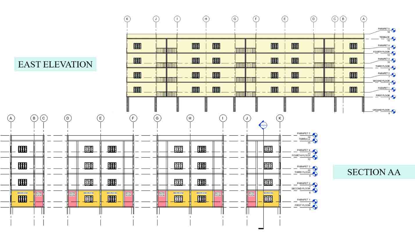 East elevation of Kgeyes Carolinaa Apartment and section AA.