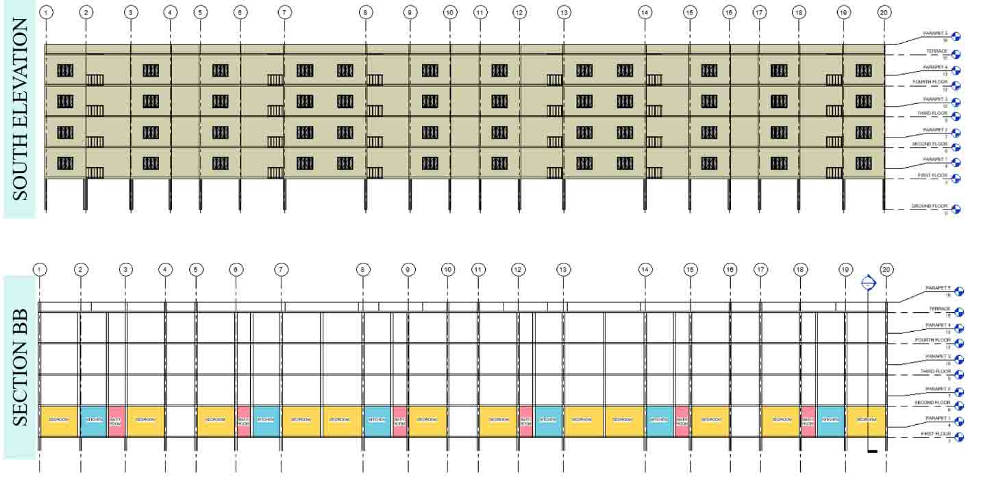 South elevation of Kgeyes Carolinaa Apartment and section BB.