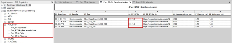 Abbildung 11 – Bauteillisten mit Vorkürzel Pset_ und nummerierten Spaltenköpfen, Variante B