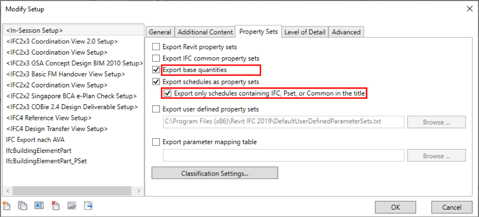 Abbildung 12 – Exporter Einstellungen zur Übergabe der Bauteillisten als Propertyset