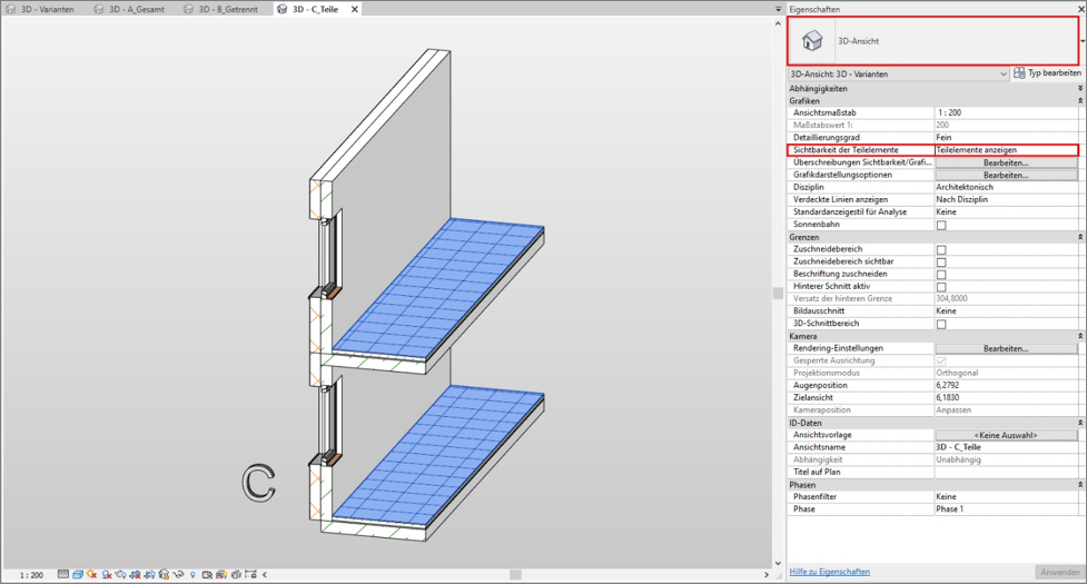 Abbildung 16 – Variante C, 3D-Ansichtseinstellung zur Sichtbartkeit der Teilemente