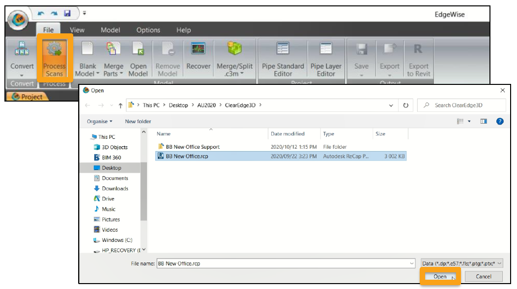 FIGURE 15: IMPORTING THE SCAN .RCP FILE IN TO CLEAREDGE3D EDGEWISE