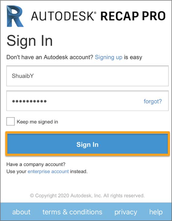 FIGURE 4: SIGNING IN ON THE AUTODESK RECAP PRO APP FOR MOBILE