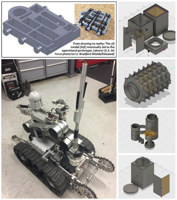 The 3D model and prototype of the bracket (top) were designed and produced by Lt. Bradford Shields to fit on the Remotec robot used by EOD teams. (Bradford Shields, U.S. Air Force)