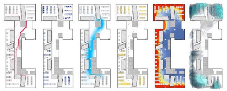 From left to right, each plan is overlaid with a simulation of the following parameters: adjacency preference, work style preference, buzz, productivity, daylight, and views to outside.