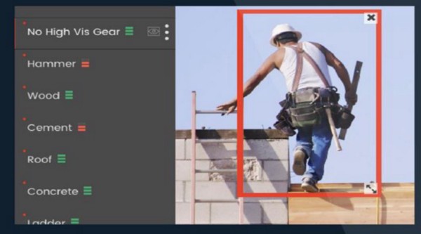 In this image of a construction worker stepping off a ladder, Smartvid.io can automatically add the tags shown on the left to the image.