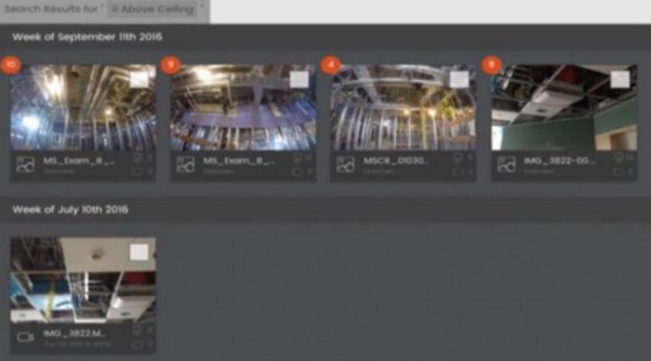 Since Smartvid.io understands higher level concepts in construction, it provides for smarter searches. The above image shows all the images in a project for the query ‘above ceiling.’